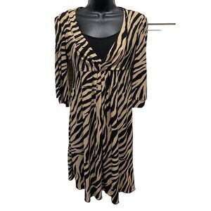 Style & Co NWT Petite Black Tan Tiger 3/4 Sleeve‎ Pleated V Neck Dress Size PM